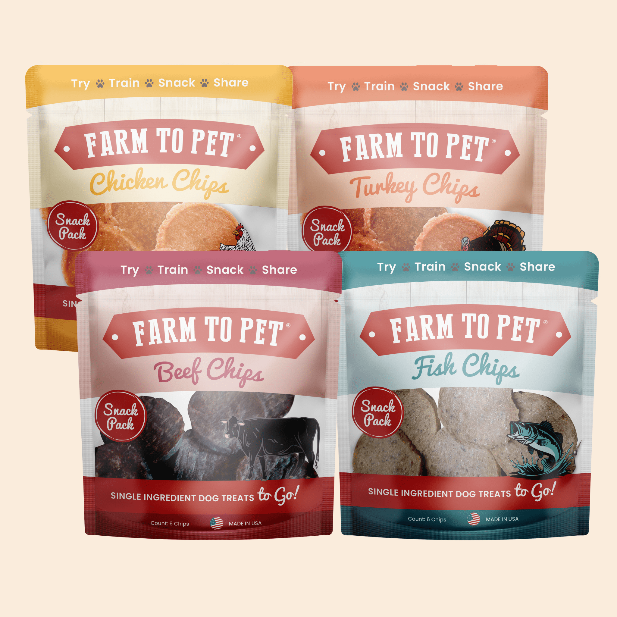 Dog treat sampler with four sealed chip bags: chicken, turkey, beef, and fish.