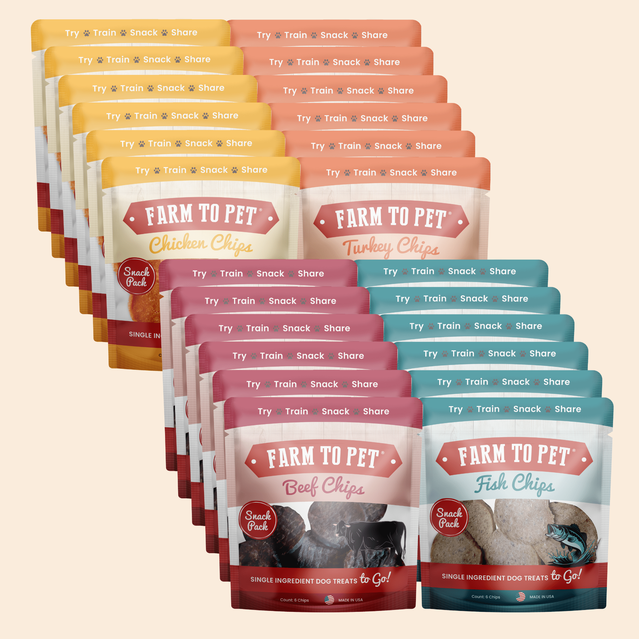 Dog treat sampler with stacked chip bags in chicken, turkey, beef, and fish varieties.