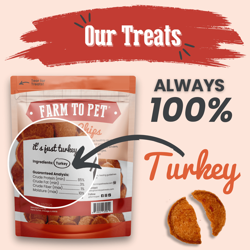 Turkey chips for dogs pouch with ingredient callout and pictured turkey chips pieces