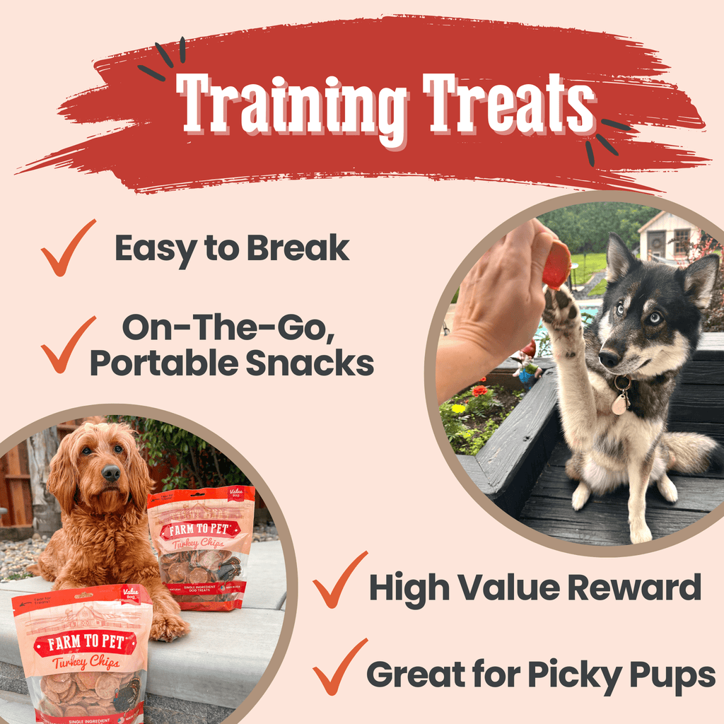 Farm to Pet turkey chips training treats infographic with dog snack photos and checkmarks
