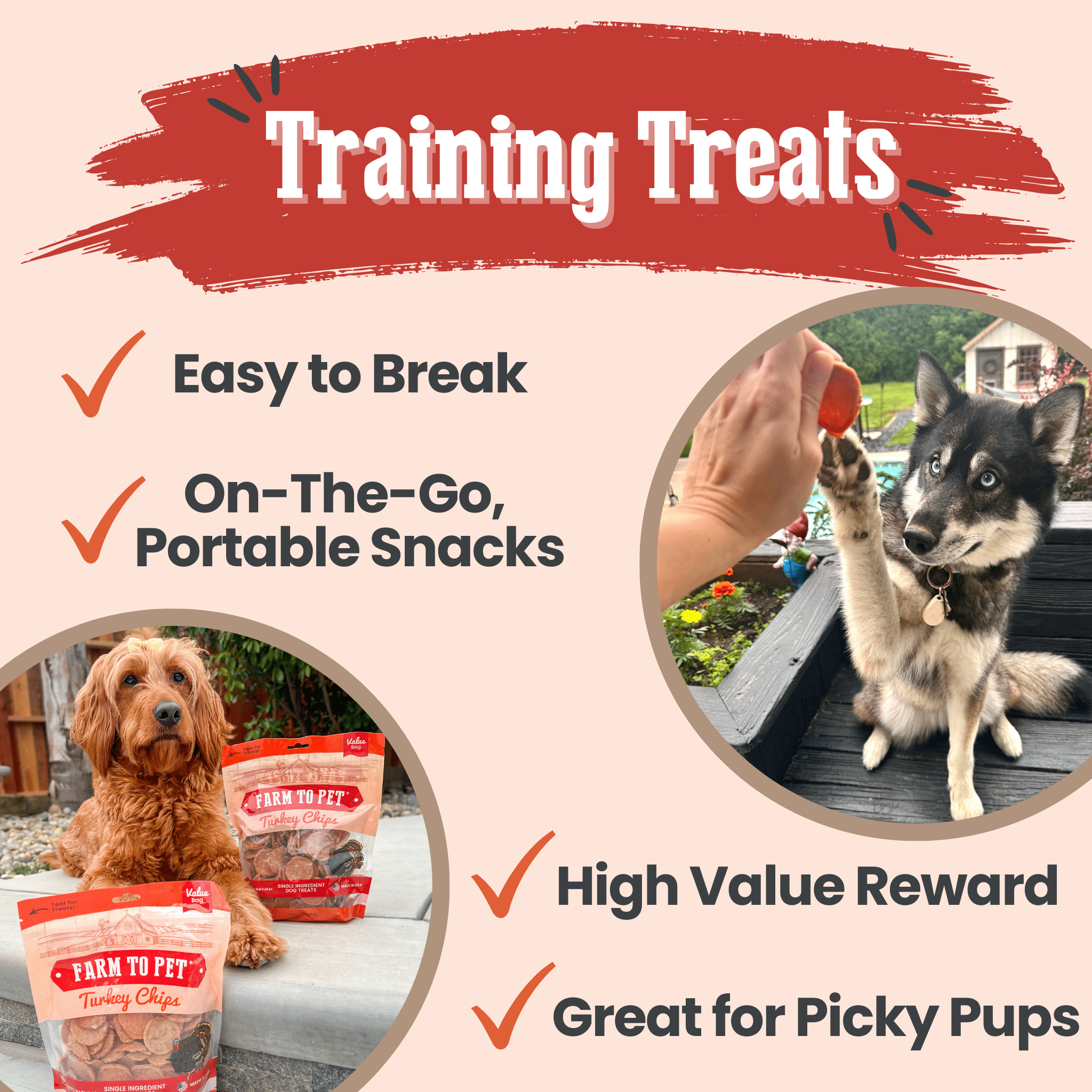 Farm to Pet turkey chips training treats infographic with dog snack photos and checkmarks