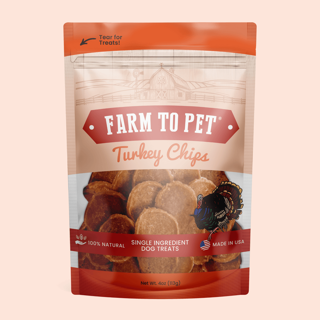 Turkey chips for dogs pouch with mixed turkey treat slices inside