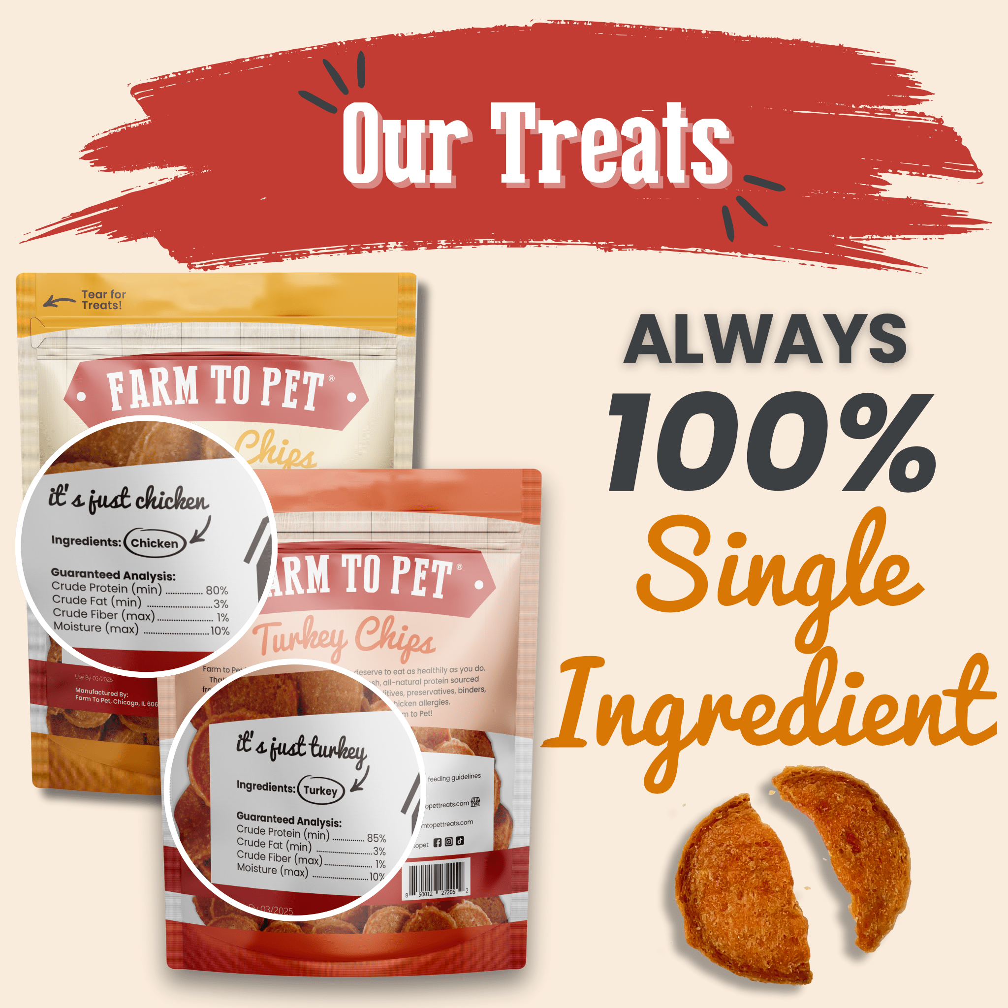 Dog treat promo graphic with two chip bags and two single-ingredient chip treats
