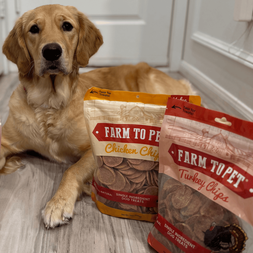 Two dog treat bags with turkey chips and chicken chips visible through the clear window