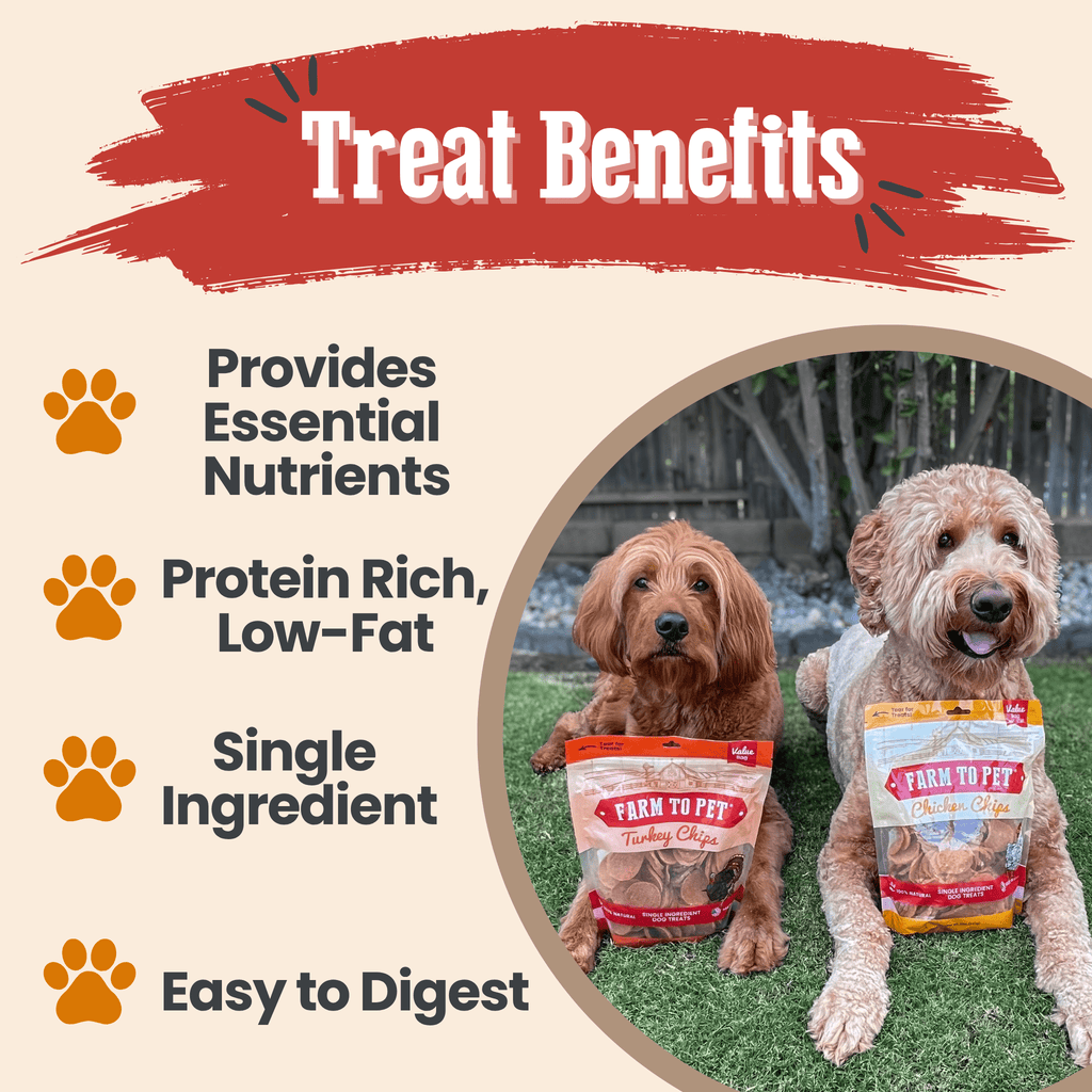 Dog treat benefits graphic listing essential nutrients, single ingredient, and dog photo
