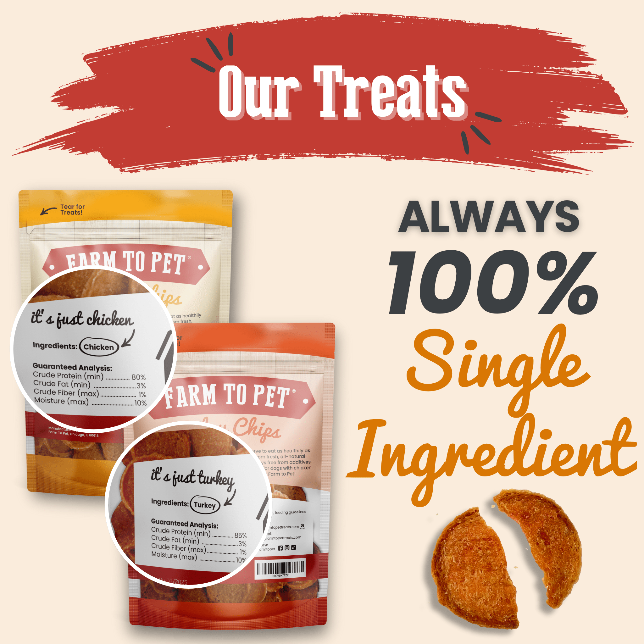 Dog treat promo graphic with two chip bags and two bite-sized single-ingredient treat chips