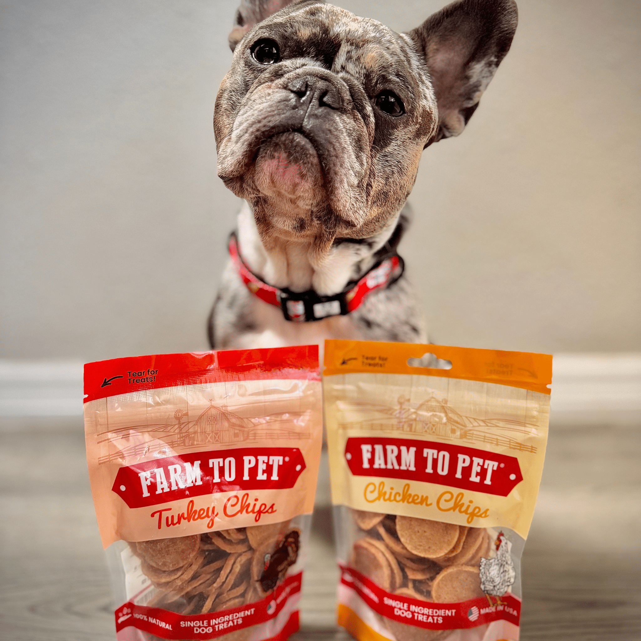 Two dog treat bags side by side showing turkey chips and chicken chips