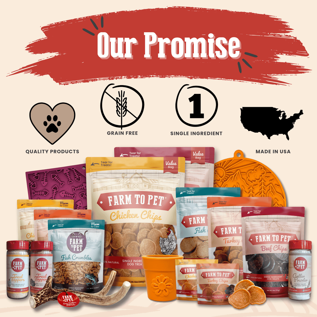 Farm to Pet Our Promise graphic with assorted dog treat packages and quality icons