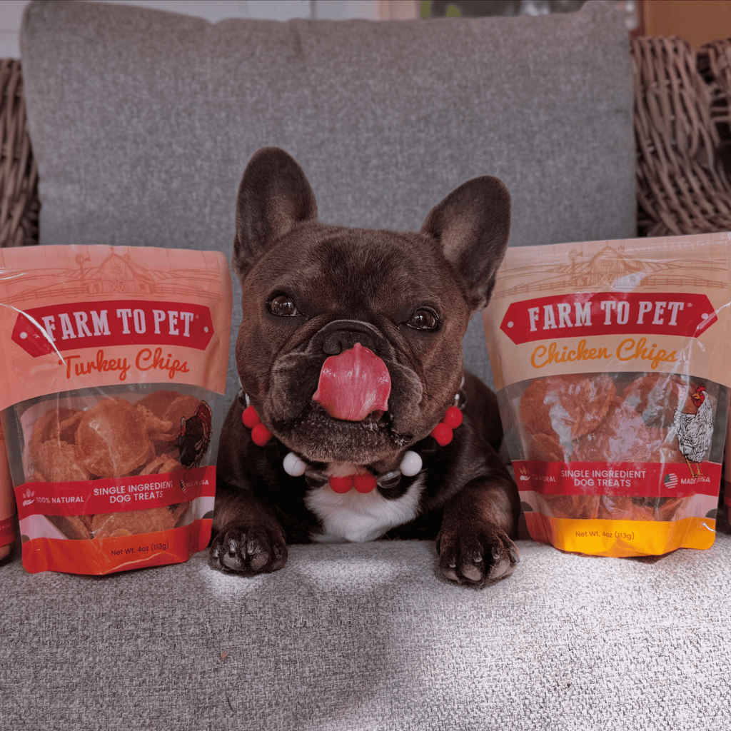Two dog treat bags showing turkey and chicken chips, single-ingredient dog treats