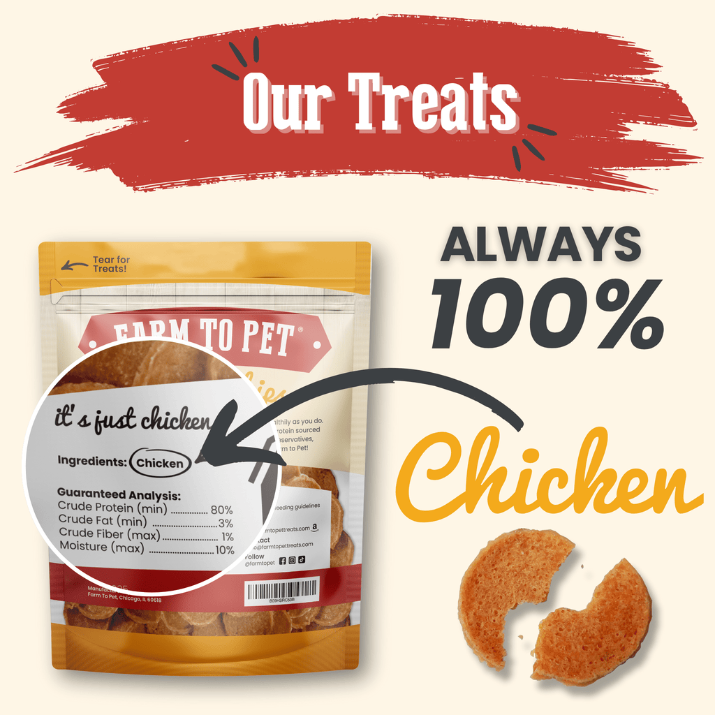 Promotional graphic with chicken chip dog treat bag and two chicken chip pieces