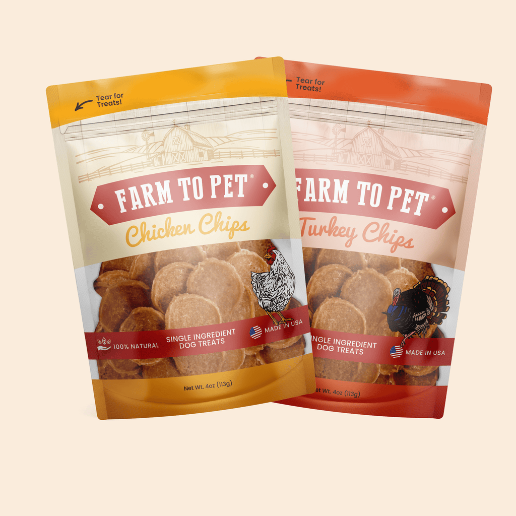 Chicken and turkey dog treat bags with single-ingredient chip treats and Farm to Pet packaging