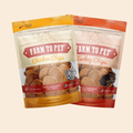 Chicken and turkey dog treat bags with single-ingredient chip treats and Farm to Pet packaging