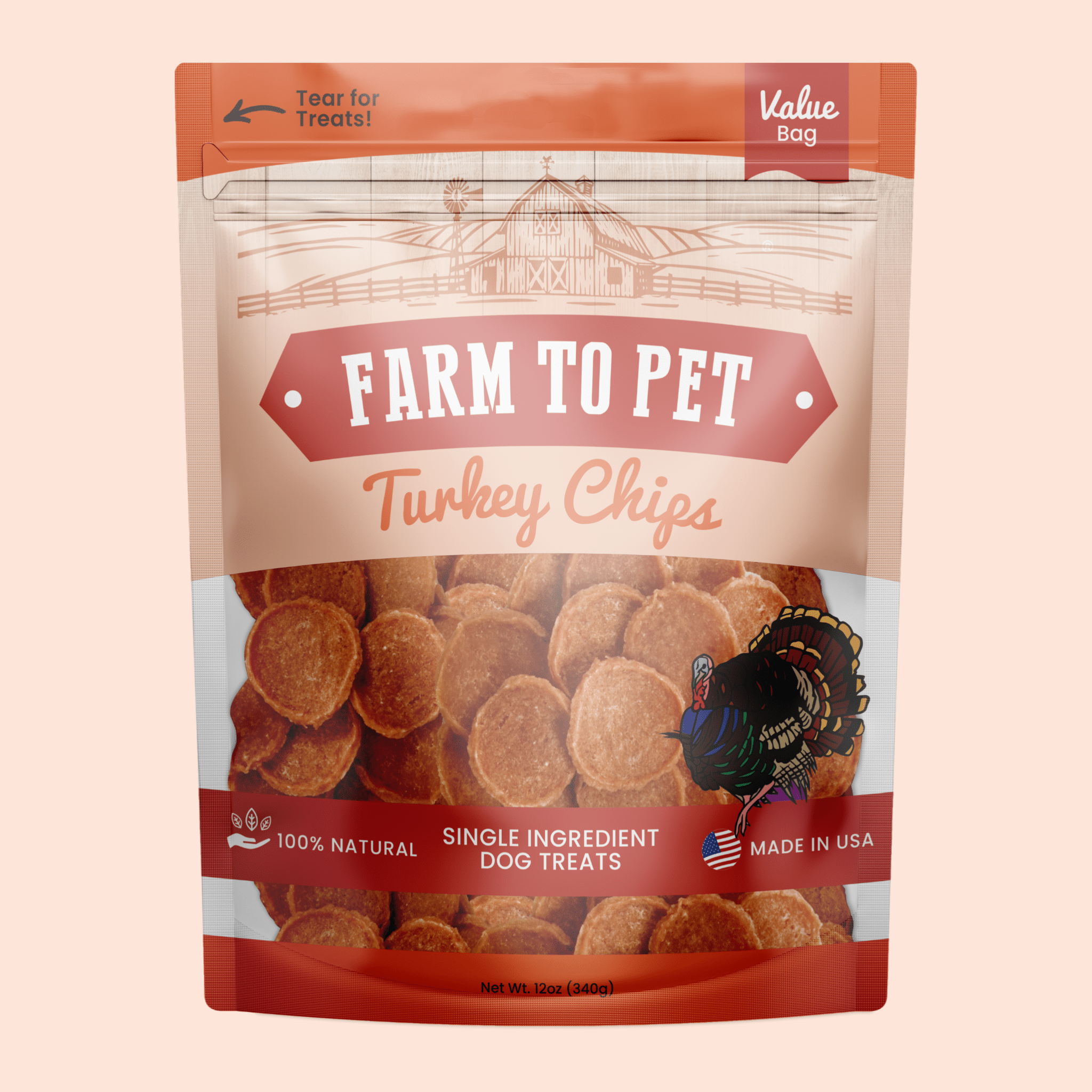 Turkey chips for dogs value bag pouch showing turkey chips treat pieces through window