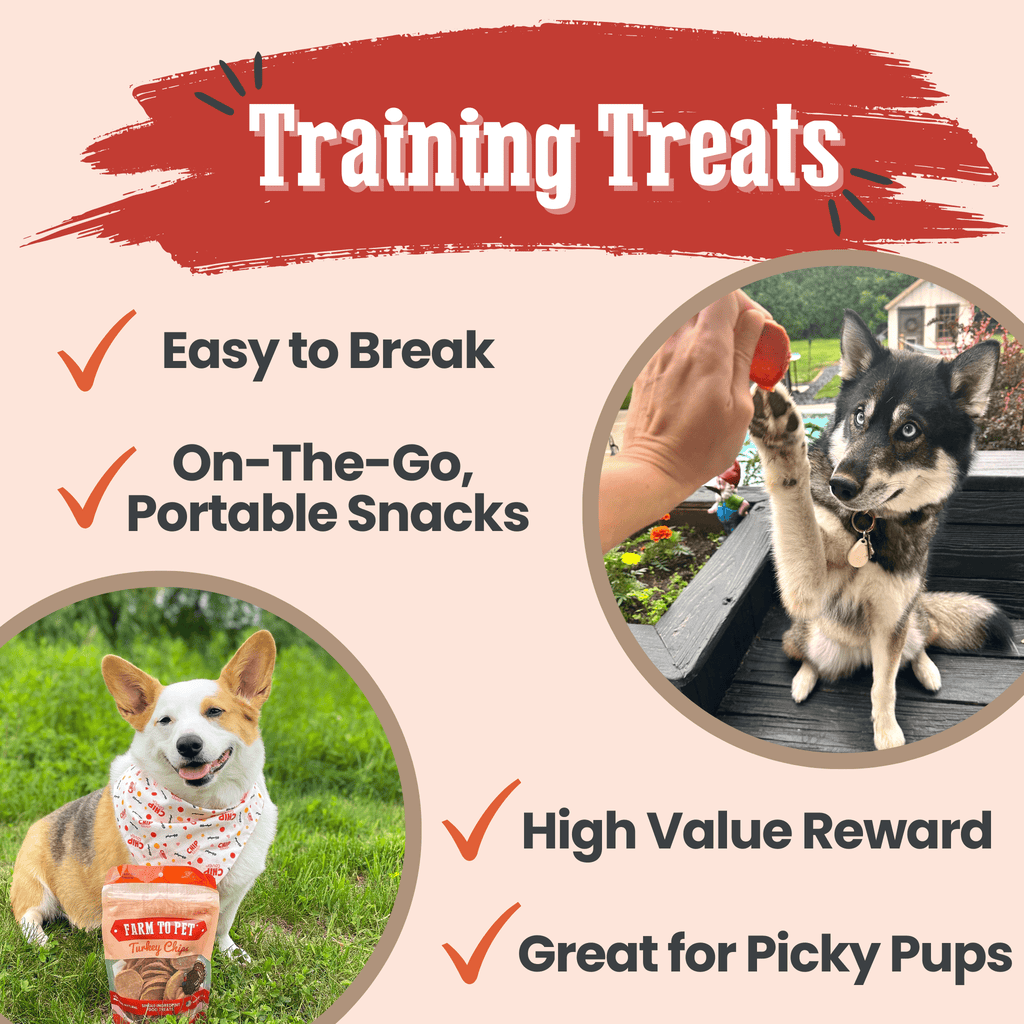 Turkey chips for dogs pouch shown with infographic-style badges and small dog photos