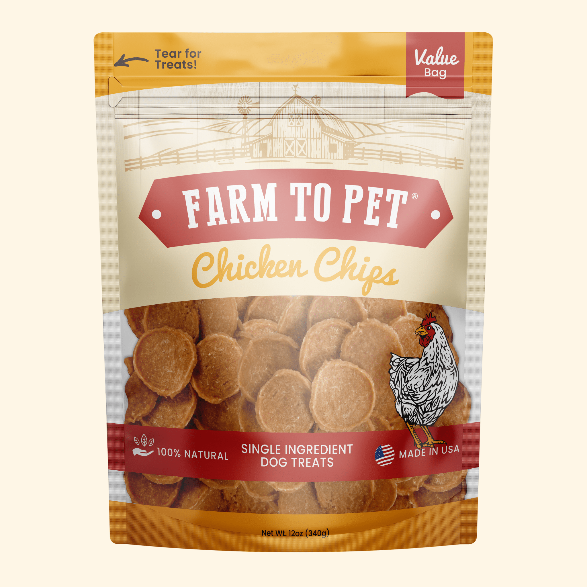 Chicken chips dog treat bag with round chicken chip pieces and Value Bag top label