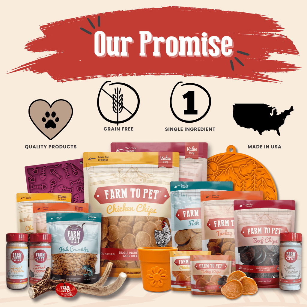 Farm To Pet dog treat sampler assortment with multiple pouches and jars.