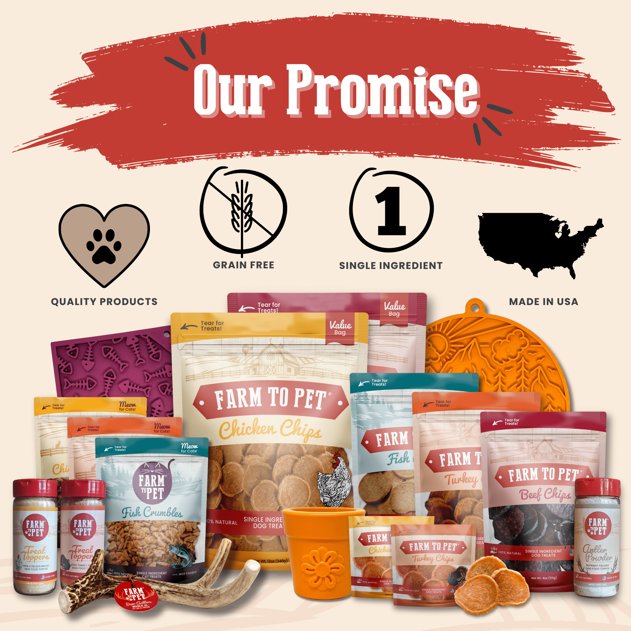 Farm To Pet dog treat sampler assortment with multiple pouches and jars.