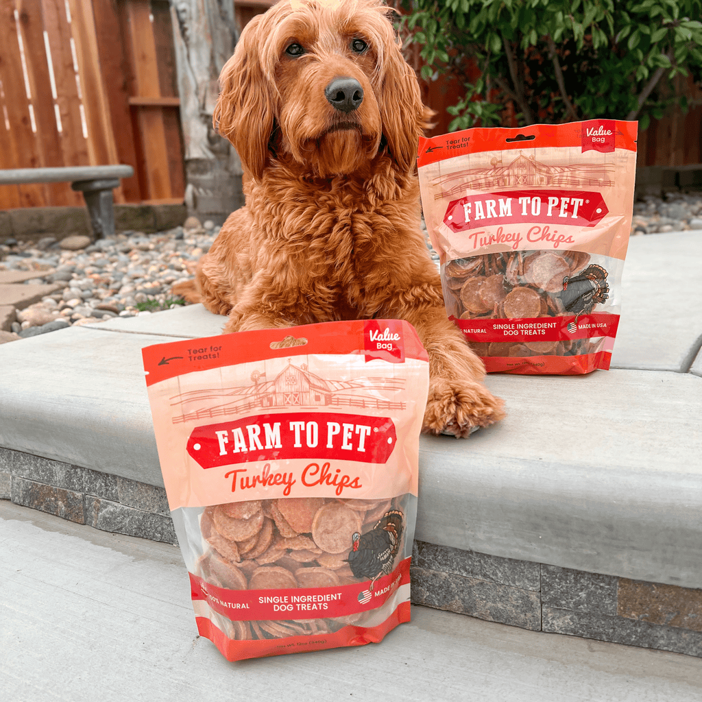 Farm to Pet turkey chips dog treats, two bags with visible treat pieces