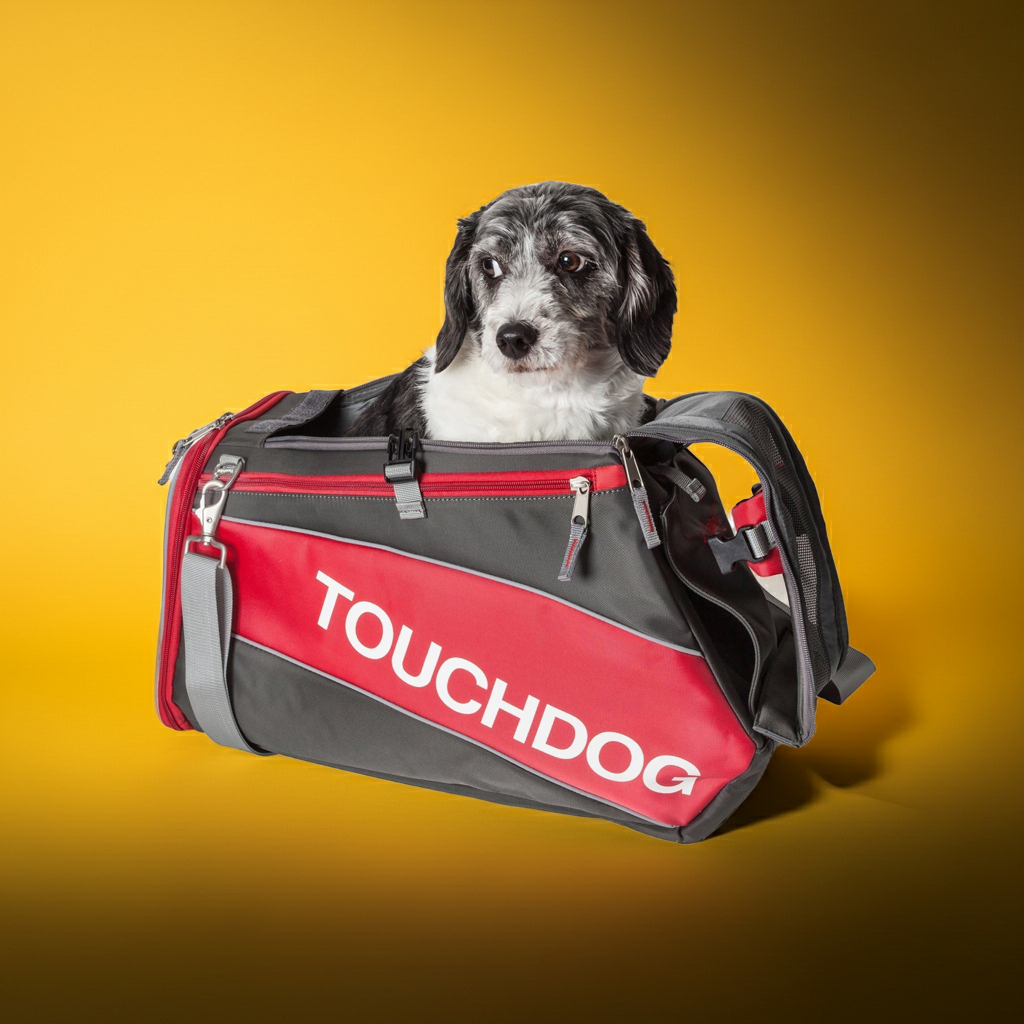 Water-resistant sporty dog carrier, red and dark gray with top handle and zippers