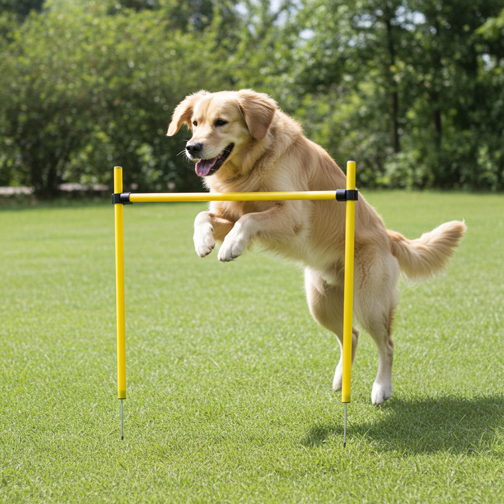 Collapsible yellow agility training hurdle with black end supports for dogs