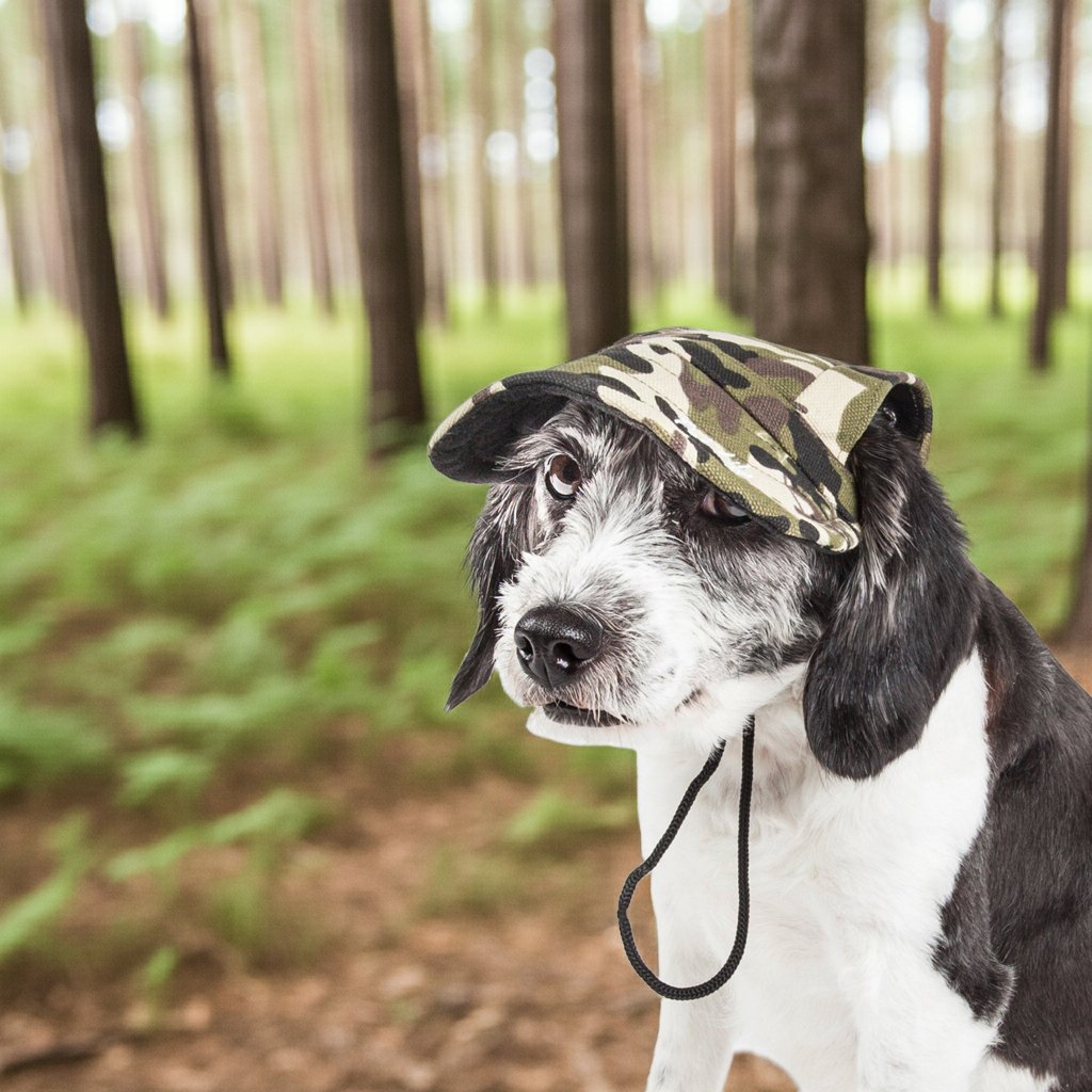 Camouflage dog hat cap with chin cord, worn by black and white dog