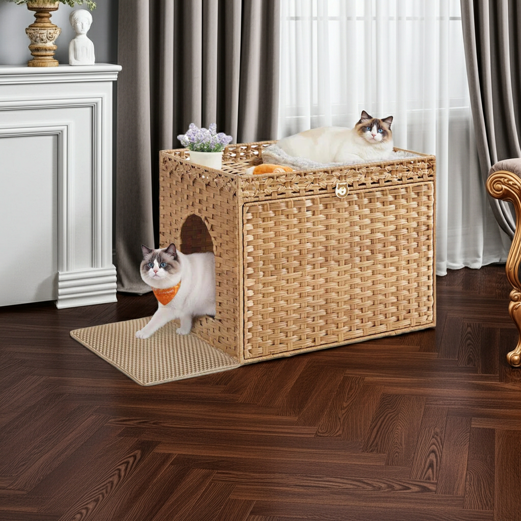 Boho handwoven rattan hidden litter box with open front, includes mat and tray