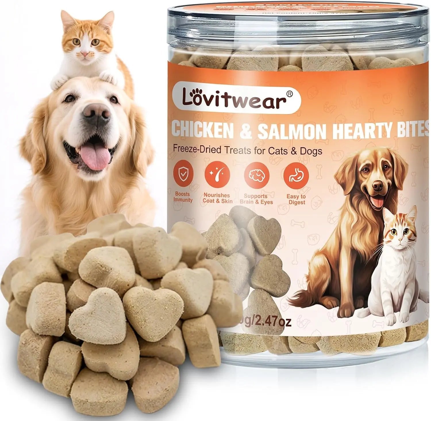 Freeze-dried pet treats jar with heart-shaped light beige bites