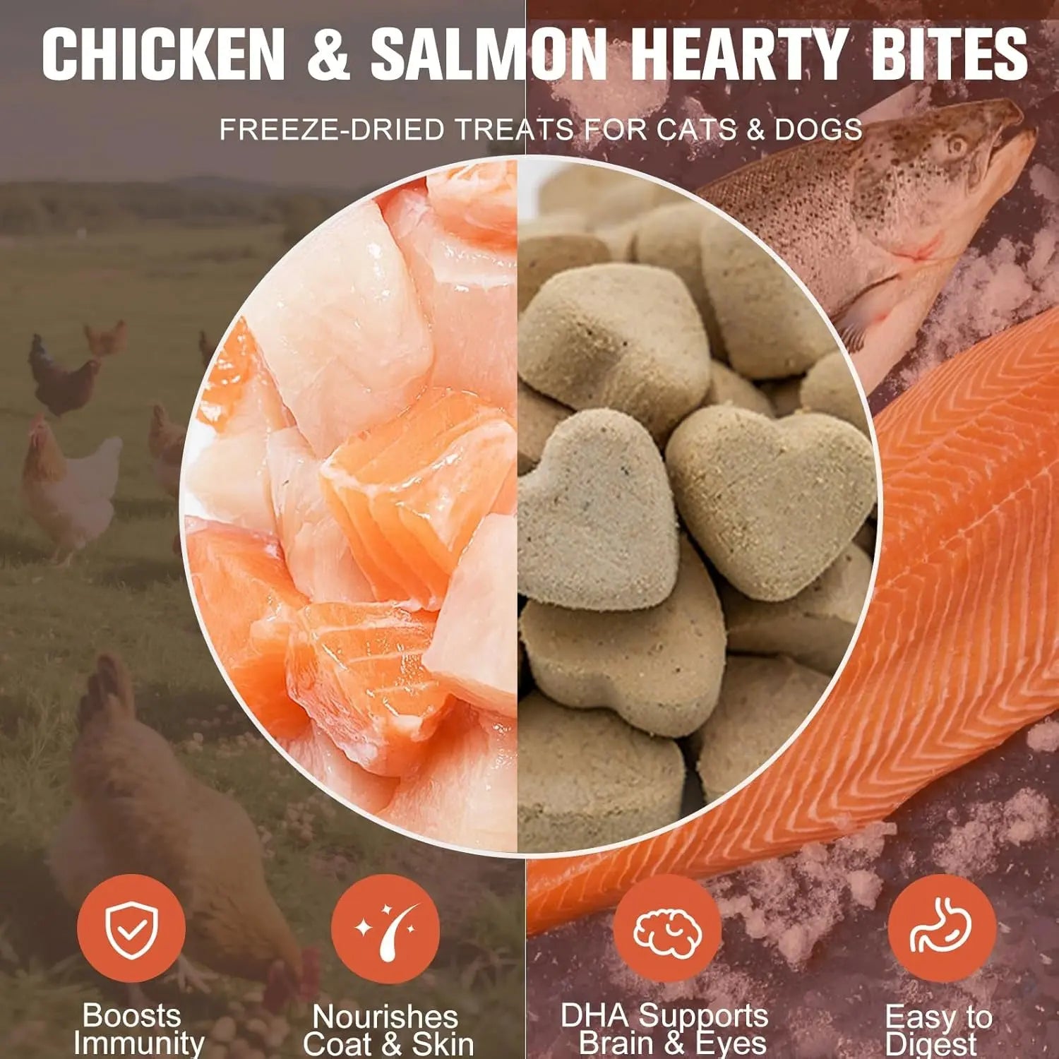 Freeze-dried chicken & salmon treats with heart-shaped light beige pieces