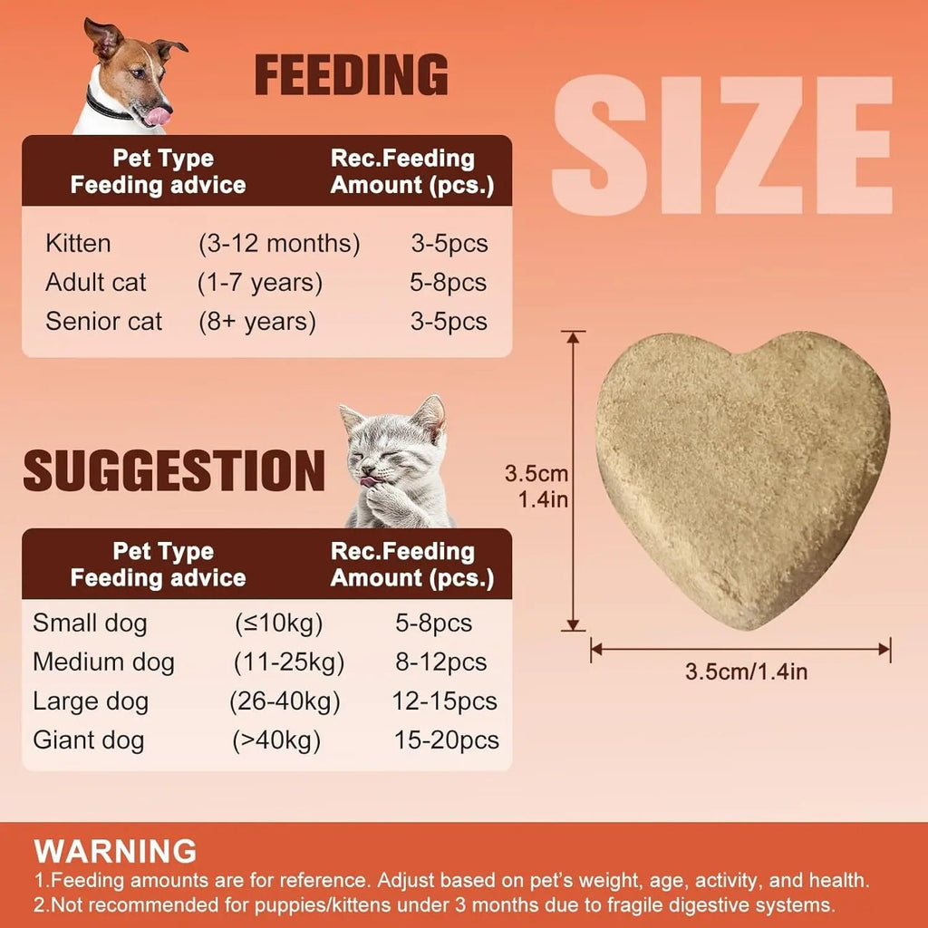 Heart-shaped freeze-dried treat with feeding size chart for cats and dogs