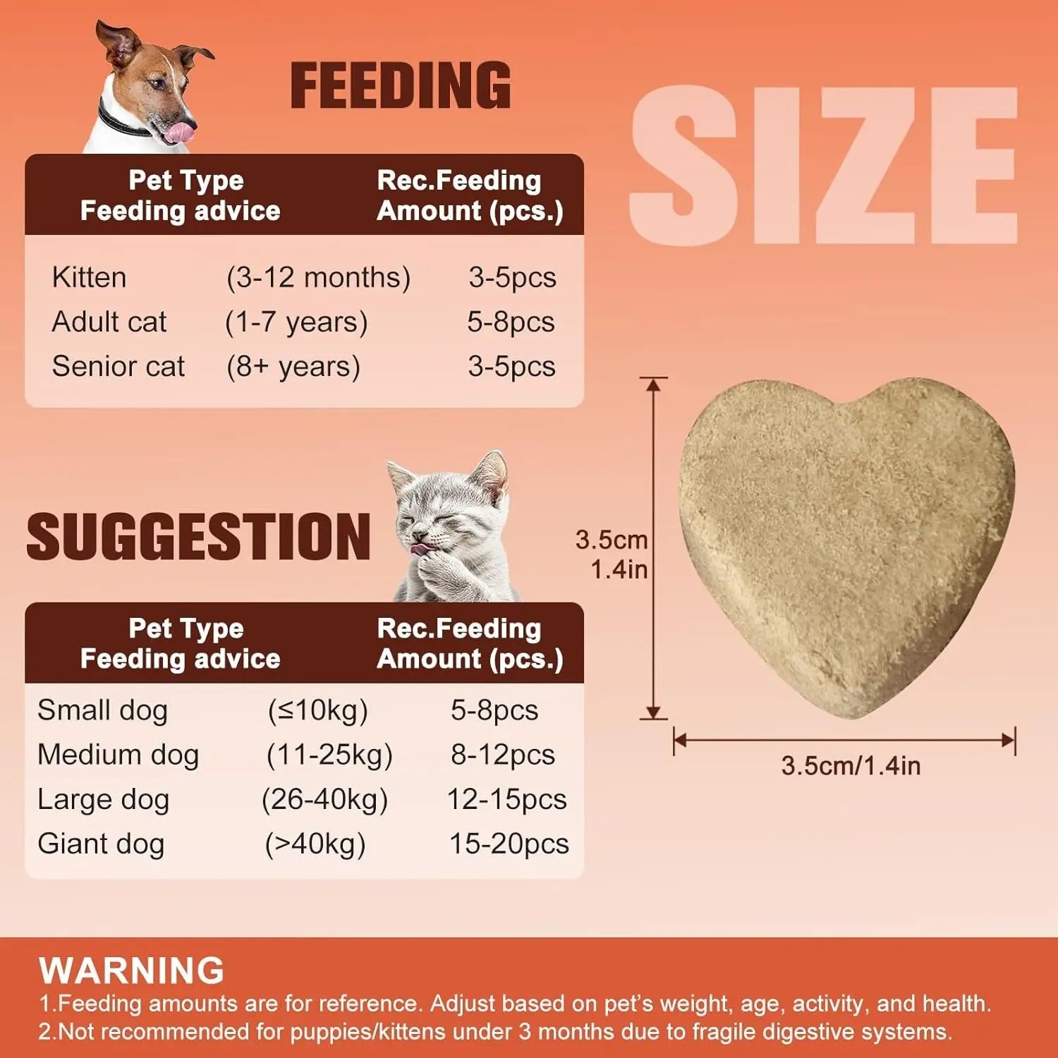 Heart-shaped freeze-dried treat with feeding size chart for cats and dogs