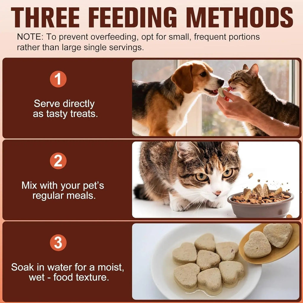 Freeze-dried treats feeding methods card with pets eating heart-shaped bites