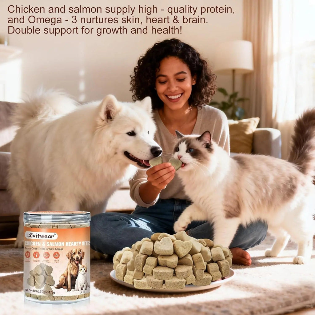 Freeze-dried chicken & salmon treat jar with bowl of heart-shaped light beige bites
