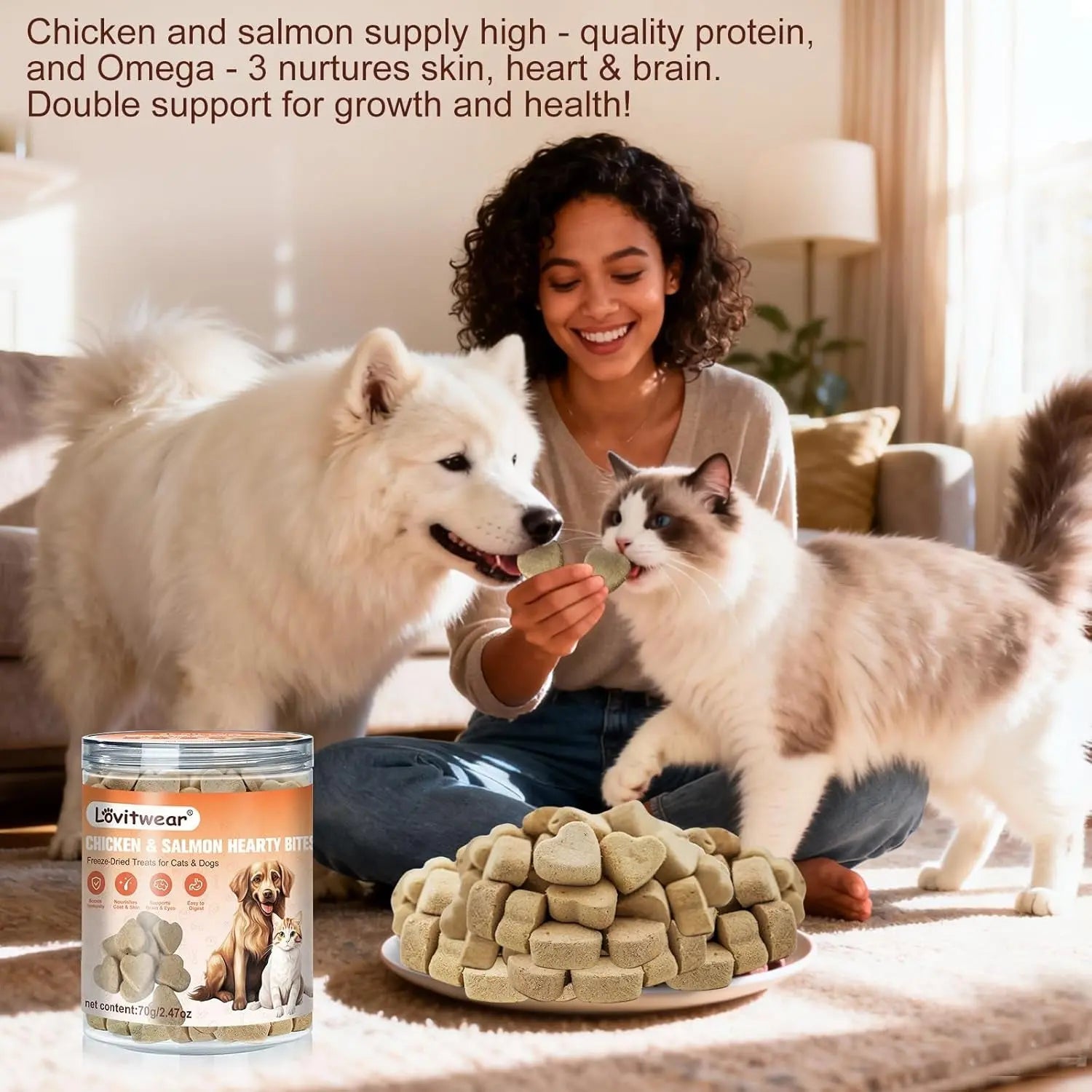 Freeze-dried chicken & salmon treat jar with bowl of heart-shaped light beige bites