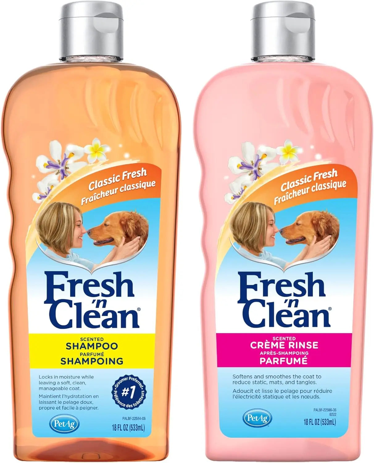 Dog shampoo and conditioner set bottles with pump lids, orange and pink