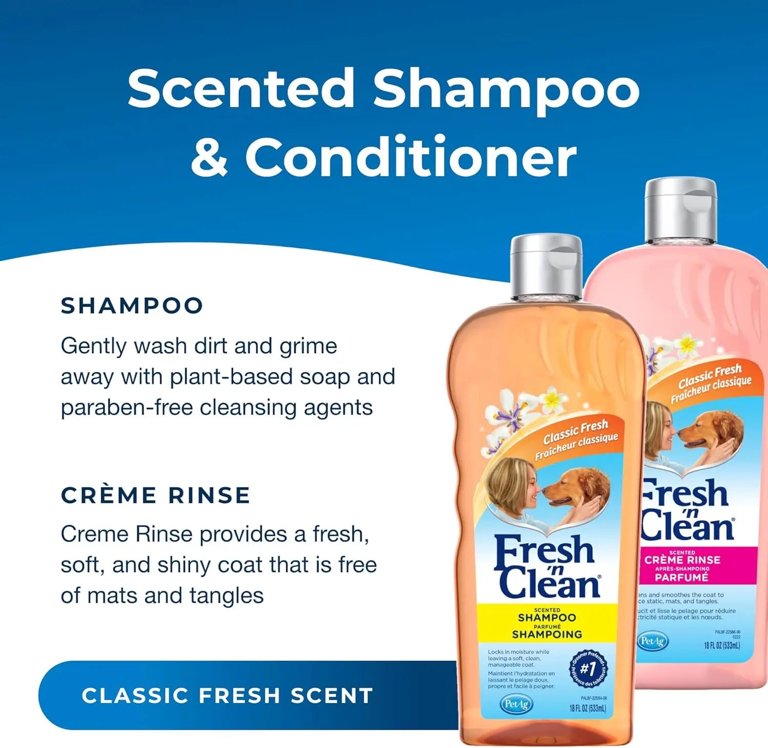 Dog shampoo and conditioner set bottles with pump lids, orange and pink front view