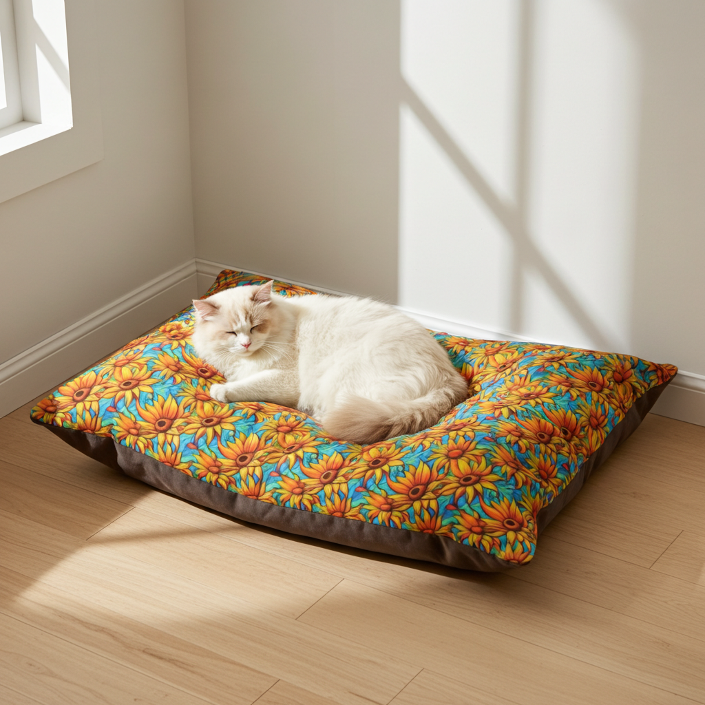Sunflower Kaleidoscope on Turquoise Waves - Pet Bed Pet Zen