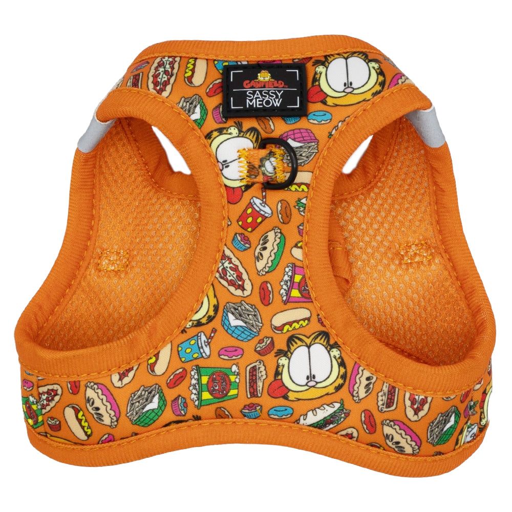 Orange cat step-in harness with Garfield™️ character print and gray padded openings