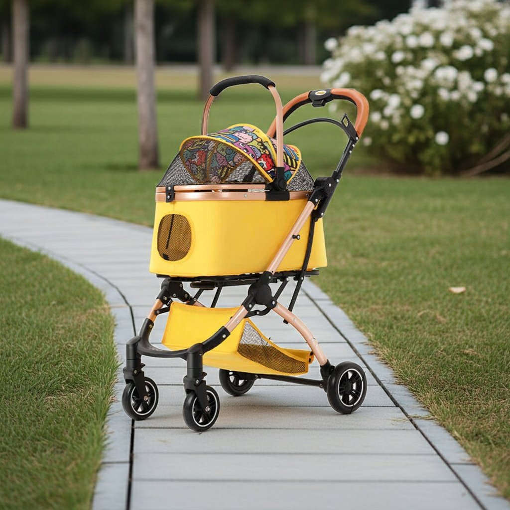 Yellow 4-wheel pet stroller with canopy and storage basket, metal frame