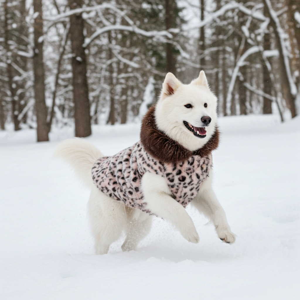 Dog wearing cheetah-print fur coat with brown faux-fur hood