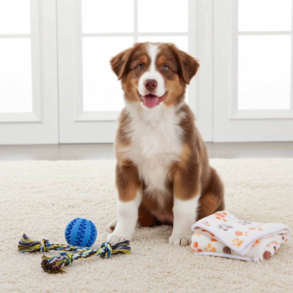 Puppy starter kit with plush training toy and patterned soft blanket