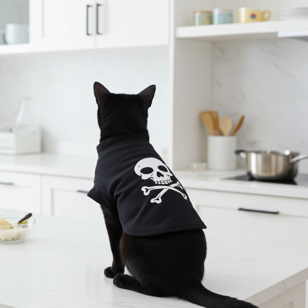 Black cat vest with white skull-and-crossbones graphic, short sleeves and round neck