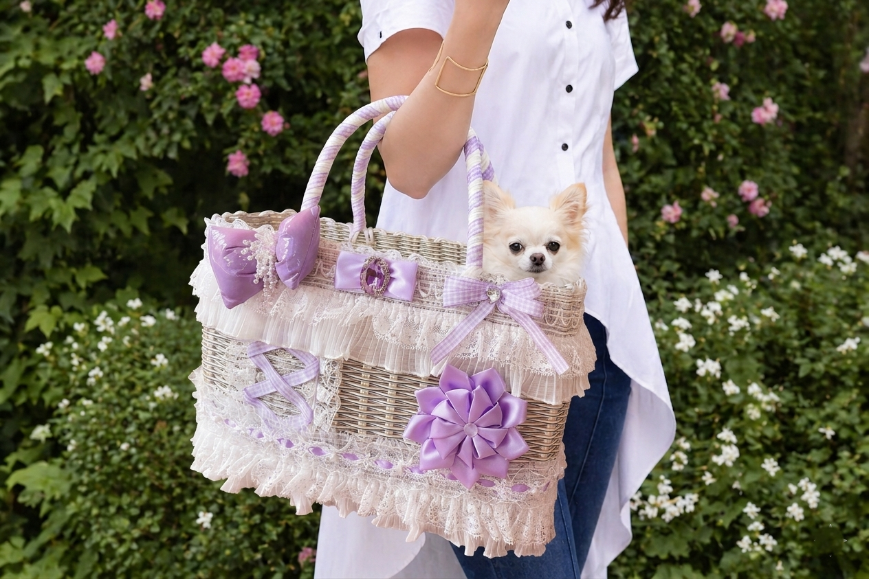 Luxury Lavender Lace Wicker Pet Carrier Basket for Small Dogs & Cats
