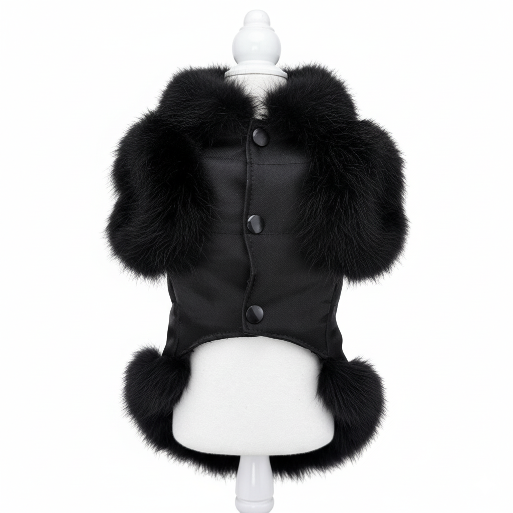 Black faux fur dog coat with front snap buttons and padded collar