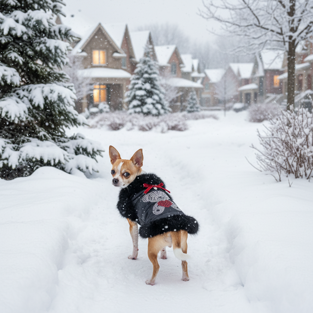 Dog wearing black faux fur coat with heart graphic and red bow