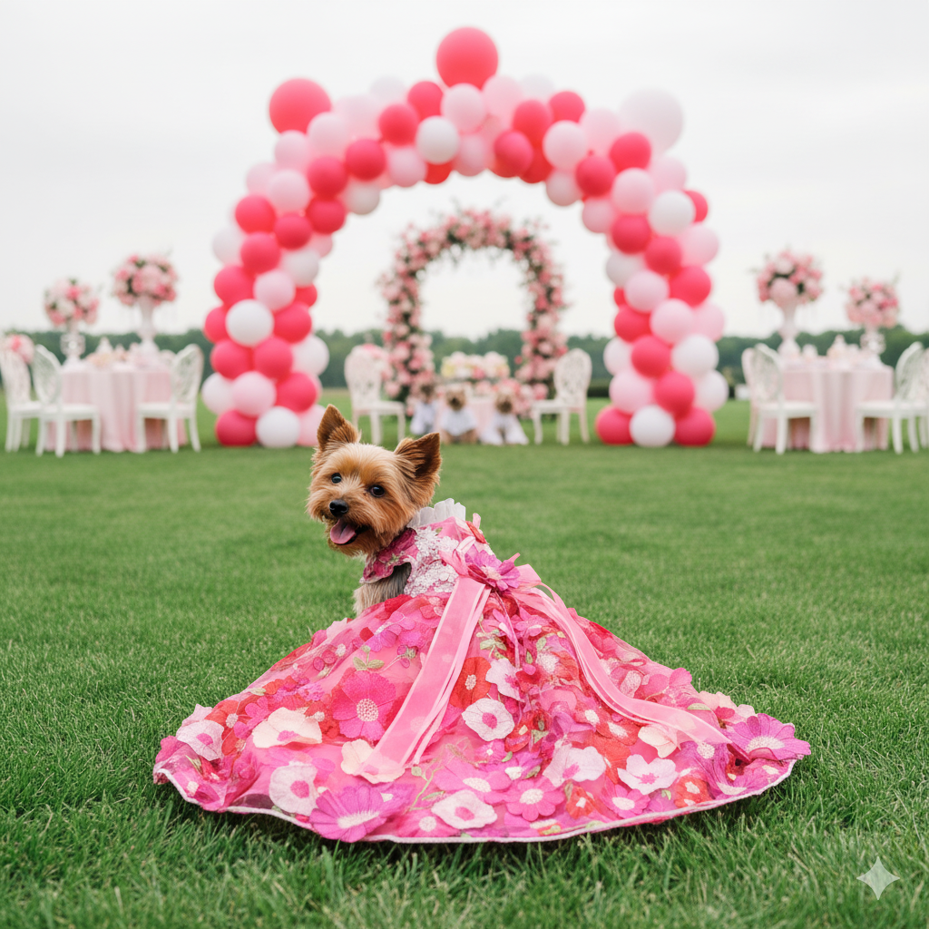 Handmade Rosy Bloom Princess Couture Dog Dress – Hot Pink Floral Embroidery Wedding Gown with Long Train