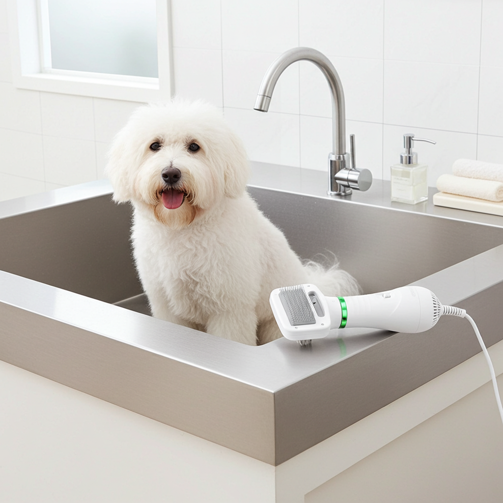 2-in-1 pet dryer with pin brush, white nozzle shown drying a small white dog