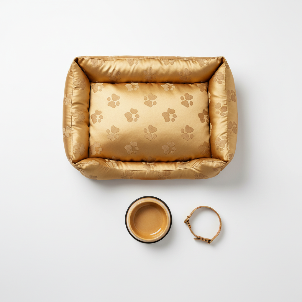 Golden Pawprints on Buttercream Sky Pet Set — Bed, Bowl & Collar