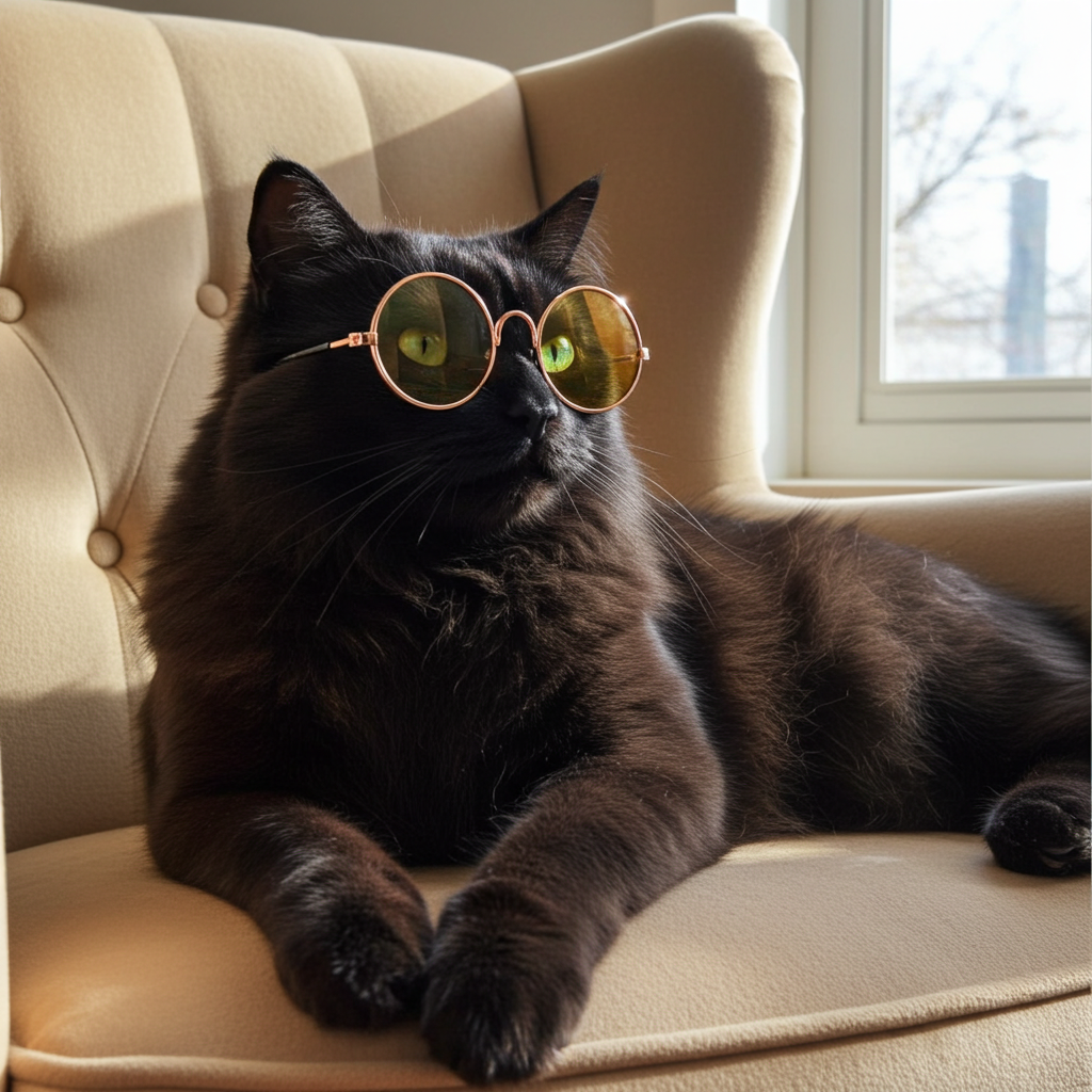 Cat wearing round gold-framed sunglasses with green-tinted lenses
