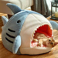 Shark cat bed cave size chart showing S, M, L measurements and pet fit