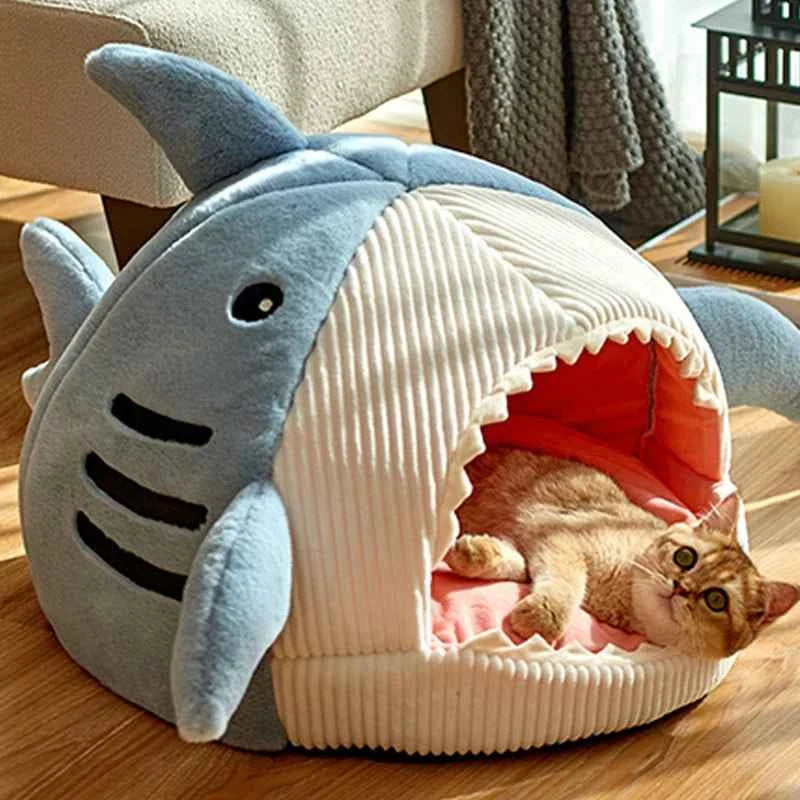 Shark cat bed cave size chart showing S, M, L measurements and pet fit